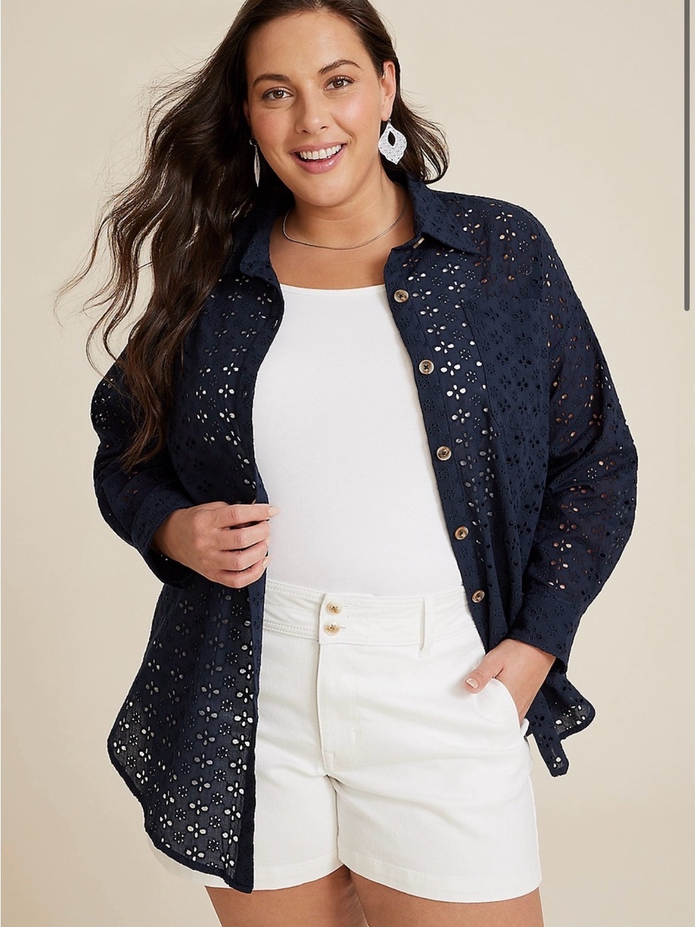Eyelet Button-Front Shirt Jacket in Black